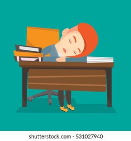 Fatigued student sleeping at the desk with books. Tired student sleeping after learning. Girl sleeping among the books at the table. Education concept. Vector flat design illustration. Square layout.