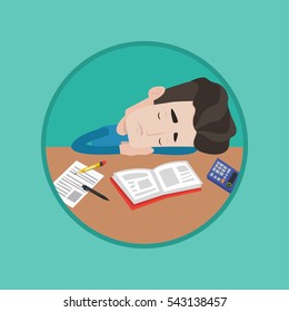 Fatigued student sleeping at the desk with books. Tired student sleeping after learning. Man sleeping among books at the table. Vector flat design illustration in the circle isolated on background.
