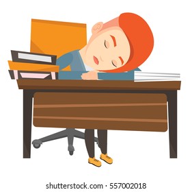 Fatigued student sleeping at the desk with books. Tired student sleeping after learning. Girl sleeping among the books at the table. Vector flat design illustration isolated on white background.