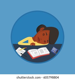 Fatigued student sleeping at the desk with books. Tired student sleeping after learning. Girl sleeping among the books at the table Vector flat design illustration in the circle isolated on background