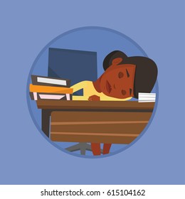 Fatigued student sleeping at the desk with books. Tired student sleeping after learning. Girl sleeping among the books at the table Vector flat design illustration in the circle isolated on background