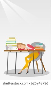 Fatigued student sleeping at the desk with books. Tired student sleeping after learning. Girl sleeping among the books at the table. Education concept. Vector flat design illustration. Vertical layout