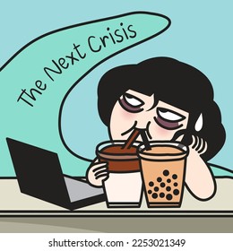 Fatigued Woman Looking Worried With The Next Crisis Wave At The Office Concept Card Character illustration