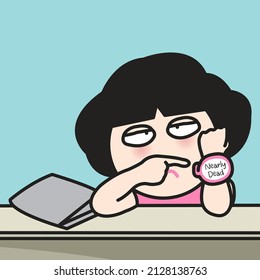 Fatigued Woman Pointing Finger At Words Nearly Dead On Her Wrist Watch While Sitting At The Desk In Office Concept Card Character illustration