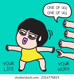 Fatigued Woman Standing In Between Her Unbalanced Work And Life Concept Card Character illustration