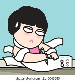 Fatigued Woman Writing Down Infinite Sign On Number One Of Very Long To Do List Paper Note At The Desk In Office Concept Card Character illustration