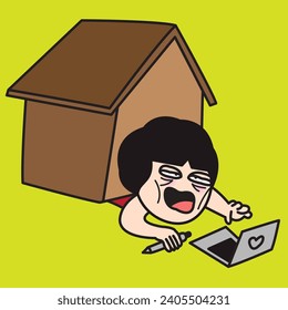 Fatigued Working Woman Lying Under Her Home And Trying To Escape. Working From Home Concept Card Character illustration