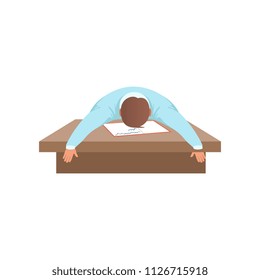 Fatigued young man sleeping at the desk, student in learning process vector Illustration on a white background