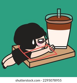 Fatigued Young Woman Almost Killed By Human Trap Wooden Snap, Cold Brew Shaped Plastic Trigger Concept Card Character illustration