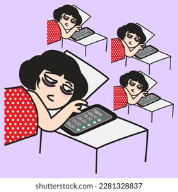 Fatigued Young Woman In The Loop Of Hitting The Snooze Button For More Sleep Time Concept Card Character illustration