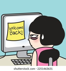 Fatigued Young Woman Is Not Ready To See Welcome Back Note On Her Computer Screen At Office Desk Concept Card Character illustration