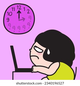 Fatigued Young Woman Officer Wondering Where The Time Goes. Time Management Concept Card Character illustration