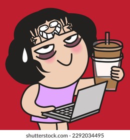 Fatigued Young Woman Still Get Herself In A Good Mood In Head. Optimistic Person Concept Card Character illustration