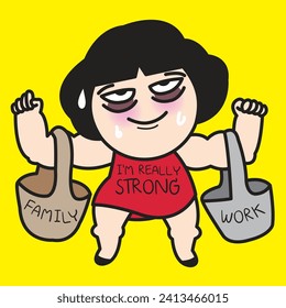 Fatigued Young Woman Thought That She Is Strong Enough To Carry Both Family And Work Buckets On Her Own Concept Card Character illustration
