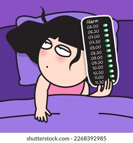 Fatigued Young Woman Waking Up With Multiple Alarm To Be Sure She Won't Dismiss The Snooze. Bad Sleeping Habit Effects On Health Concept Card Character illustration