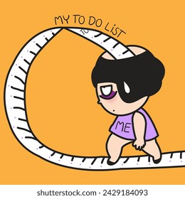 Fatigued Young Woman Walking On A Path Of Long To Do List From Her Head Concept Card Character illustration