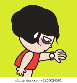 Fatigued Young Working Woman Looking At Wrist Watch That Appear Unresponsive White Screens And Won’t Display Anything. Feeling Like No Time Left Concept Card Character illustration