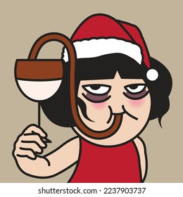 Fatigued Young Working Woman With Santa Hat Holding Toasting Cheering A Coffee Latte In Wine Glass For Celebration. Festive Office Xmas Party Concept Card Character illustration