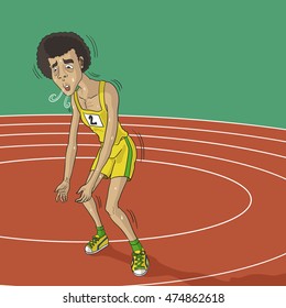 fatiguing athlete runner man in sport stadium
