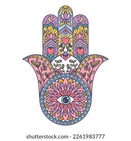 Fatima Hand colored Indian symbol. Khamsa, sacred eastern sign, good luck charm. Hamsa with all seeing eye.