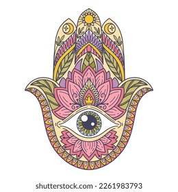 Fatima Hand colored Indian symbol. Khamsa, sacred eastern sign, good luck charm. Hamsa with all seeing eye.