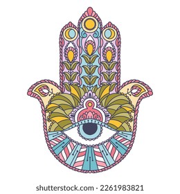 Fatima Hand colored Indian symbol. Khamsa, sacred eastern sign, good luck charm. Hamsa with all seeing eye.