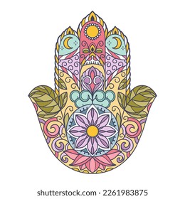 Fatima Hand colored Indian symbol. Khamsa, sacred eastern sign, good luck charm. Hamsa with all seeing eye.