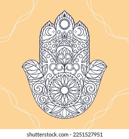 Fatima Hand coloring page. Khamsa, sacred eastern sign, good luck charm. Hamsa symbol