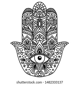 Fatima Ornate hand drawn hamsa. Popular Arabic and Jewish amulet. Vector illustration isolated on white. Tattoo design, mystic symbol. coloring book for adults.