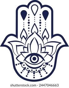 Fatima's hand, hamsa hand symbol, lotus flowers. Vector illustration.