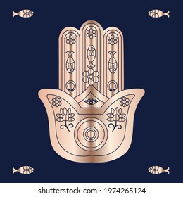 Fatima's palm in gold color. Postcard in oriental style in blue. The symbol of Chinese culture.