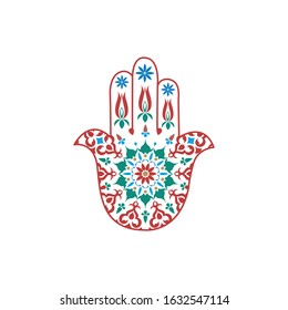 Fatman's hand, decorated with colorful and original motifs. Vector drawing