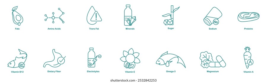 Fats, Amino Acids, Trans Fats, Minerals, Sugar, Sodium, Proteins, Vitamin B12, Dietary Fiber, Electrolytes, Vitamin E, Omega-3, Magnesium, and Vitamin A Icons for Essential Nutritional Information  