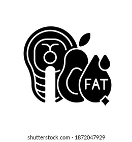 Fats black glyph icon. Good nourishment for dietary. Food group for digestion. Menu for dietary. Vegetable and fish for diet. Silhouette symbol on white space. Vector isolated illustration