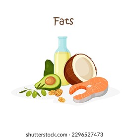 Fats in a food. Healthy macronutrients. Olive oil, coconut, avocado, salmon, nuts. Nutrition and wholesome products. Vector illustration in trendy flat style isolated on white background.