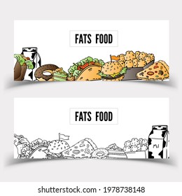 Fats food vector sketch banner illustration. Hand drawn template Frame for banner, label, packaging, design concept