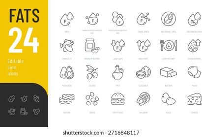 Conjunto de iconos editables de línea rápida. Ilustración vectorial en estilo delgado moderno de iconos relacionados con los alimentos: tipos de grasas y alimentos que las contienen. Aislado sobre fondo transparente.