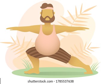 A fatty boy tries to become slimmer. A fat man doing yoga in warrior pose. Fitness activity outdoor. Trying to lose weight.