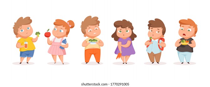 Fatty children on diet. Overweight kids eating vegetables and fruits. Isolated unhappy teens vector illustration