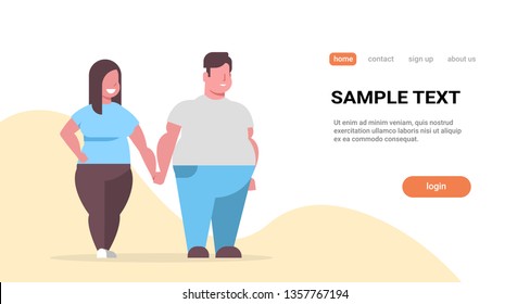 fatty couple standing together overweight man woman holding hands smiling over size girl with guy unhealthy lifestyle obesity concept full length copy space horizontal