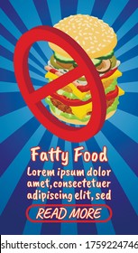 Fatty food concept banner. Isometric banner of fatty food comics vector concept for web, giftcard and postcard