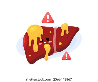 fatty liver concept. liver storing too much fat. illustration of a liver organ sad because in bad condition. expression. disease and health problem. cute and adorable character design flat style