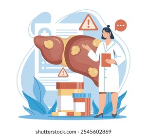 Enfermedad del hígado graso. Mujer con uniforme médico cerca de un órgano interno infectado. Diagnóstico y tratamiento. Salud y medicina. Ilustración vectorial plana aislada sobre fondo blanco