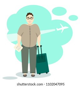 Fatty man with suitcase traveling by plane. Vector illustration of tourist standing in eyeglasses