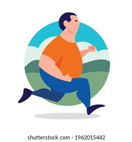 Fatty-Mann-Training und Joggen Outdoor-Aktivitäten für gesunden Lebensstil auf Gartenhintergrund. Flache Vektorgrafik.