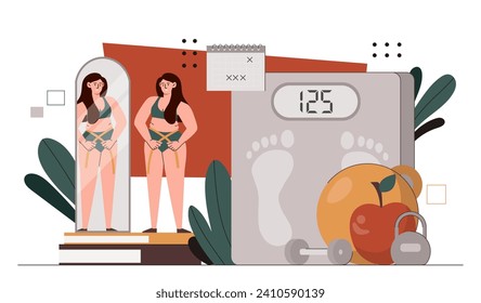 El concepto de mujer gorda con pesas. Empujar a una chica joven con cinta de medida cerca del espejo. Una alimentación sana y una nutrición equilibrada. Dibujo vectorial plano de dibujos animados aislado en fondo blanco