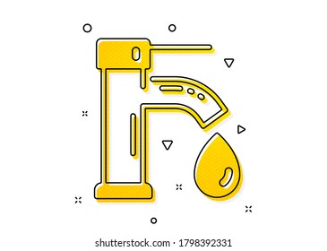 Faucet with aqua drop sign. Tap water icon. Sanitary engineering symbol. Yellow circles pattern. Classic tap water icon. Geometric elements. Vector