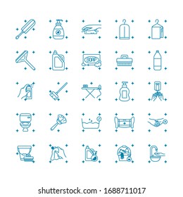 faucet and cleaning tools icon set over white background, line style, vector illustration