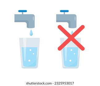 Faucet with Drinking and non-drinking water. Glass of clean and dirty water. Prohibition and permission to drink water sign vector illustration.