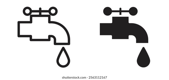 Faucet drip icons in black line and filled versions